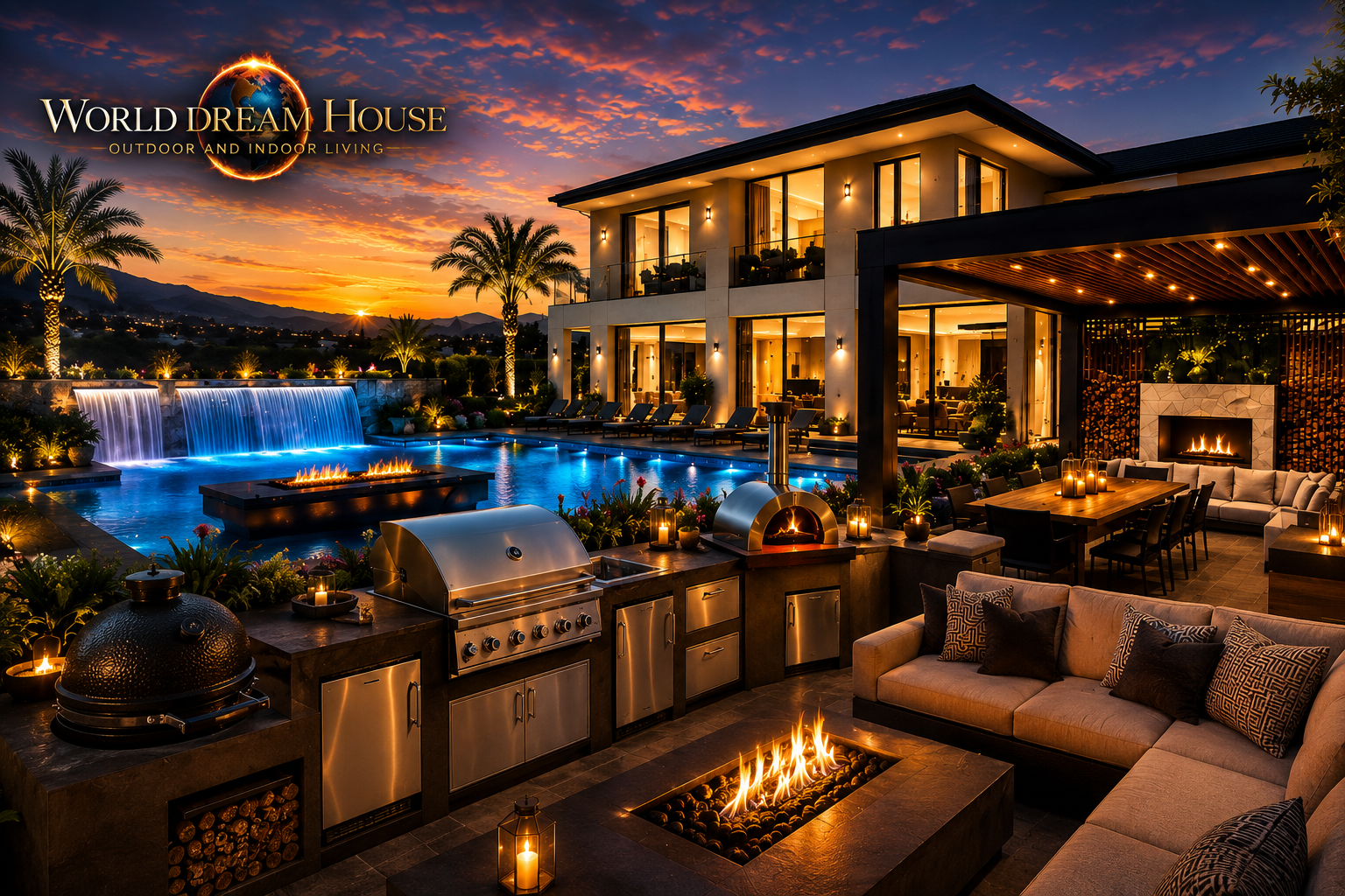 Luxury home with pool, outdoor kitchen, fire features, dining and lounge areas at sunset